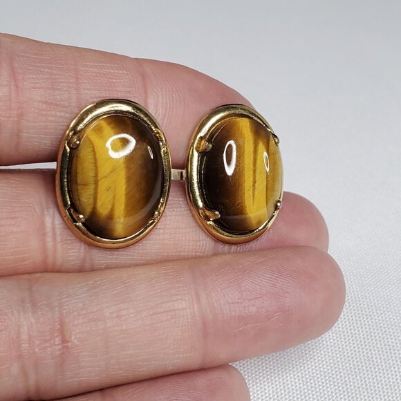 Vintage Gold-Tone Oval Tiger Eye Gemstone Cufflinks For Men - Picture 10 of 15